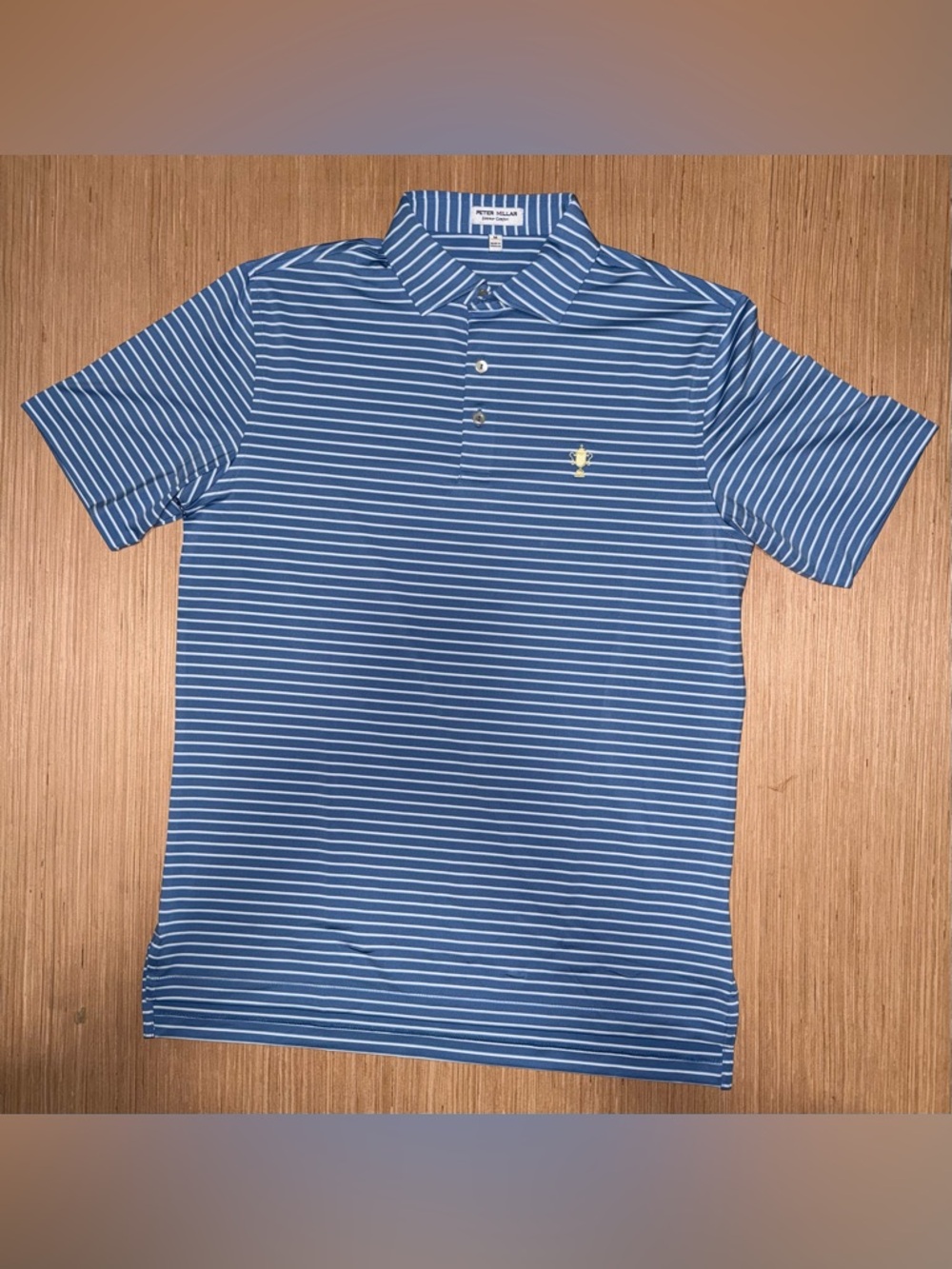 Peter Millar Blue and White Striped Polo with Yellow Logo